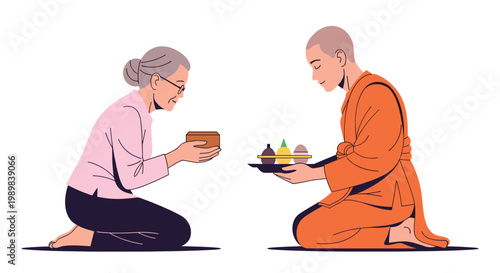 Elderly woman kneeling and offering food or a gift to a seated Buddhist monk in a traditional merit making ritual.