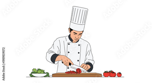 Professional male chef in a white uniform and tall hat carefully slicing red tomatoes on a wooden cutting board.