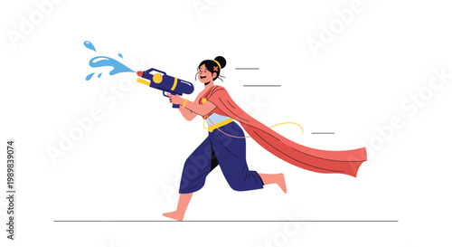 Young woman in traditional Thai clothing running and shooting a water gun during the Songkran festival celebration.