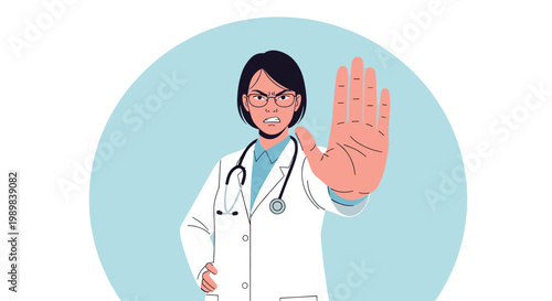Professional female doctor in a white coat making a stop sign with her hand for health safety and medical warnings.