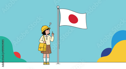 Young Japanese schoolgirl in uniform standing by the national flag of Japan with a curious and thinking expression.