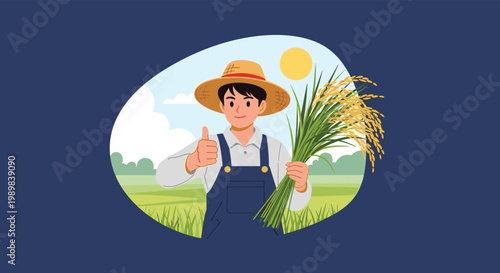 Young male farmer in a straw hat and overalls holding a bunch of harvested rice and giving a positive thumbs up.