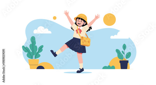 Joyful Japanese schoolgirl in a uniform and yellow hat skipping happily in a garden with a bright sunny sky.