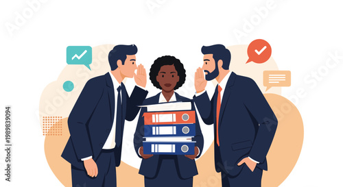 Two businessmen whispering secrets or gossip to a professional black woman who is holding many office folders.