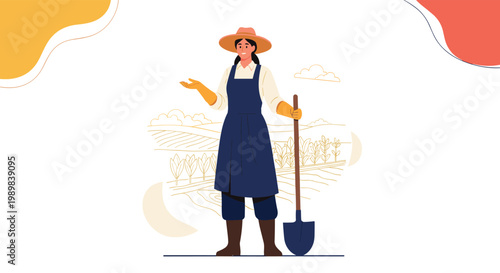 Female farmer wearing a straw hat and overalls standing in a field with a shovel and gesturing to show the farm.