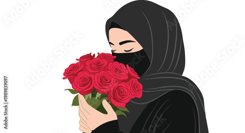 Woman wearing a black niqab and hijab smelling a beautiful bouquet of red roses with her eyes closed in peace.