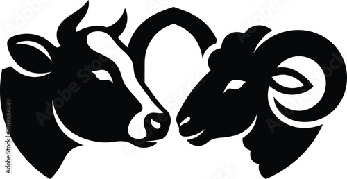 Minimalist cow and sheep head silhouette logo, Eid al Adha qurban concept vector