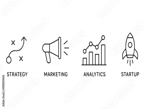 Business strategy marketing analytics startup line icons minimal outline symbols set