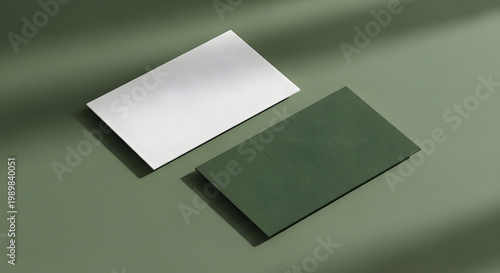 Business cards on green background, minimalistic design and layout concept
