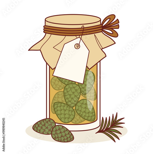 Young Green Pine Cones In Golden Syrup. Glass Jar With Coniferous Elixir And Blank White Craft Tag For Text. Vector Illustration. Homemade Natural Ecological Food, Preserve.