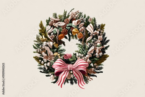 Christmas wreath illustration with ribbons and natural details on neutral beige background, style of hand-painted print. Xmas card, invitation or gift voucher mockup.
