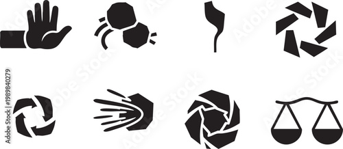 Abstract industrial dynamics and circular motion silhouette icon set