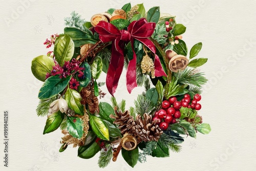 Christmas wreath illustration with ribbons and natural details on neutral beige background, style of hand-painted print. Xmas card, invitation or gift voucher mockup.