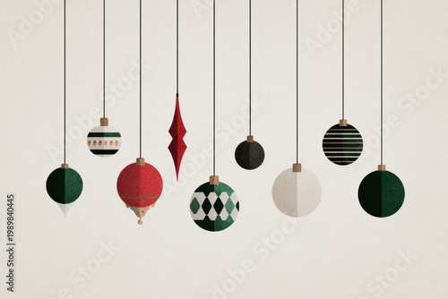 Minimalist modern illustration of Christmas ornaments on neutral tone xmas card, packaging paper  or poster mockup. 