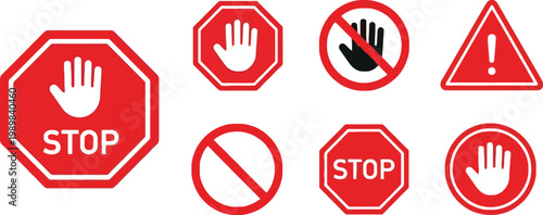 Collection of red traffic and warning signs with hand and stop symbols