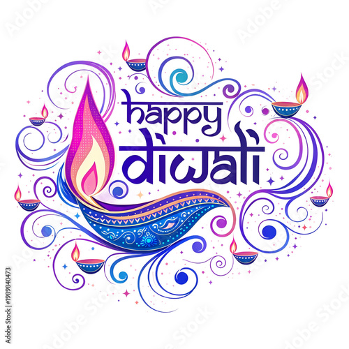 Happy Diwali Luxury Purple Blue Diya Illustration Elegant Indian Festival of Lights Decorative Design