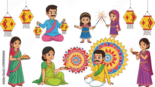 Diwali Festival Celebration Illustration Featuring Family Members Kids Lighting Diyas Rangoli Fireworks Lanterns Traditional Clothing and Cultural Festive Vector Design