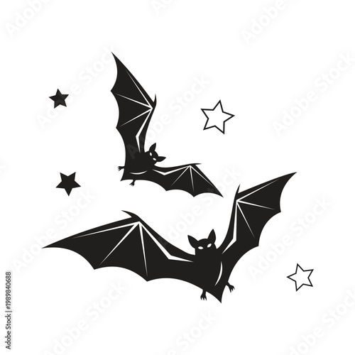 Halloween bat silhouettes flying in night sky with stars vector black icons for spooky holiday celebration and horror.