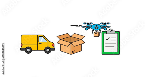 A depiction of a delivery process involving a van package and drone