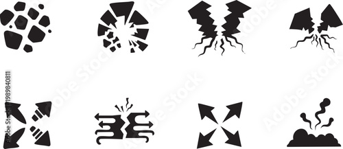 Abstract geological impact and structural fracture silhouette set