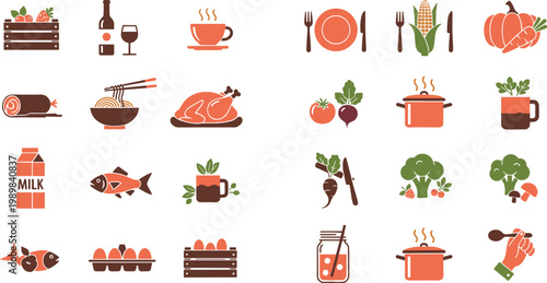 Food and Cooking Flat Icon Set Featuring Meat Fish Vegetables Dairy Coffee Kitchen Utensils and Healthy Ingredients Colorful Vector Collection for Menu Design