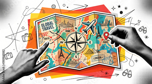 Trendy Halftone Collage Global Travel Map with Airplane and Landmarks. Hands planning trip with pin and pointing to destinations. Vacation flight. Contemporary vector illustration art.
