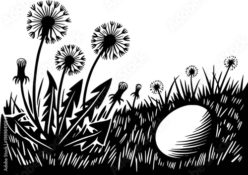 Black and white linocut of dandelions and an egg in grass