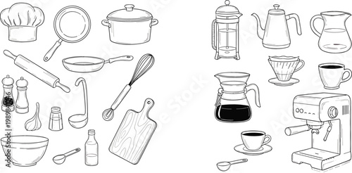 Hand Drawn Kitchen Utensils and Coffee Equipment Line Icon Set Featuring Pots Pans Teapots Cups Espresso Machine and Cooking Tools Sketch Vector Collection