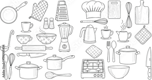 Hand Drawn Kitchen Utensils and Cookware Line Icon Set Featuring Pots Pans Blender Teapot Cups Cutlery and Cooking Tools Sketch Vector Collection