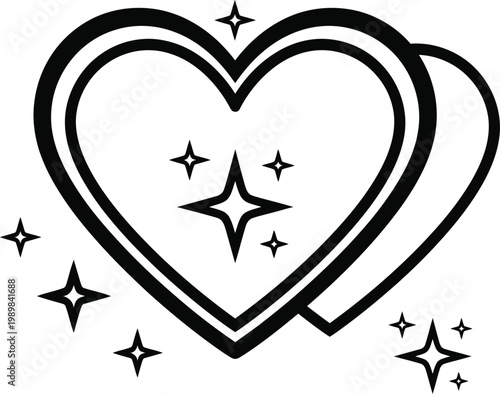 Charming black and white illustration of nested hearts with sparkling stars