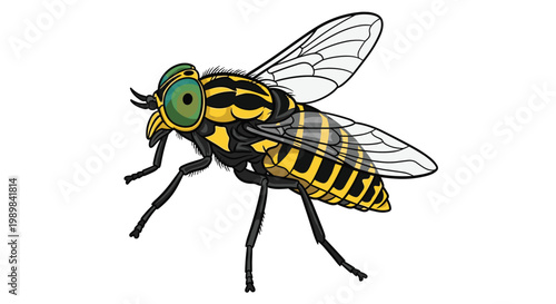Detailed illustration of a horsefly, showcasing its large green eyes, striped body, and translucent wings, on a white background.