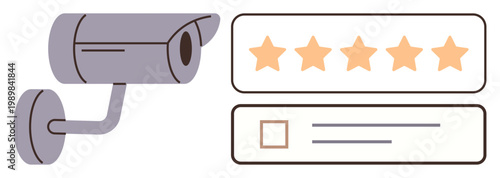 Security, trust, surveillance, customer feedback, ratings, satisfaction. ion of a surveillance camera beside a five-star rating system. Security and customer feedback concept