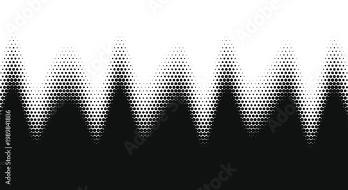 Abstract black and white halftone zigzag background. Jagged pixel peaks, sharp fading gradient waves, heartbeat soundwave line. For minimal optical illusion poster. Vector graphic art.