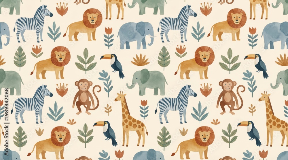 Naklejka premium Seamless pattern of colorful illustration of various African animals. The repeated motifs include elephants, giraffes, lions, zebras, toucans, monkeys and leaves