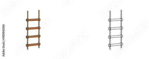 Wooden rope ladder in colorful flat and black line styles featuring brown and beige colors used for children climbing and outdoor playground hanging activities