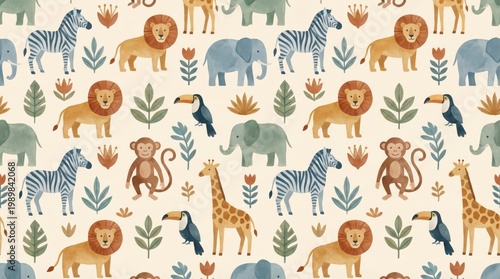 Seamless pattern of colorful illustration of various African animals. The repeated motifs include elephants, giraffes, lions, zebras, toucans, monkeys and leaves