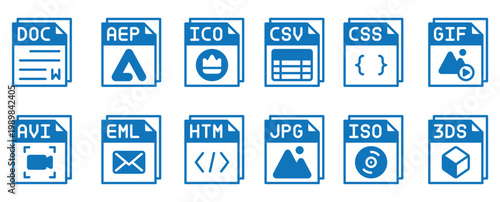 3D file format icons set on blue background for digital technology and data storage concept