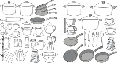 Kitchen Cookware and Appliances Line Icon Set Featuring Pots Pans Coffee Maker Teapot Cups Cutlery and Cooking Tools Outline Vector Collection