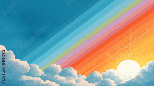 Surreal rainbow light beam descending into glowing sunset sky with dramatic clouds for cinematic fantasy background and creative design