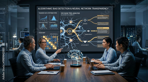 Four professional computer scientists in a futuristic AI ethics lab analyzing algorithmic bias and neural network transparency on a large digital screen
