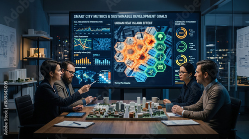 Group of professional urban planners in a high-tech studio discussing smart city metrics, sustainable development goals, and heat island effects around a 3D building model.