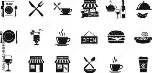 Restaurant and Coffee Shop Solid Icon Set Featuring Menu Food Drinks Open Sign Burger Wine Cup and Cafe Elements Silhouette Vector Collection