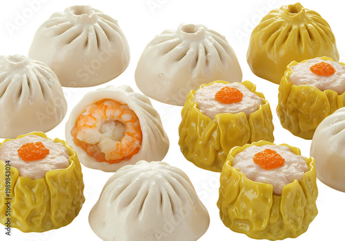 Colorful dumplings with shrimp and carrot filling isolated on transparent background