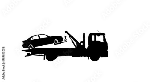 Obraz na plátně A tow truck transporting a damaged vehicle stark black silhouette