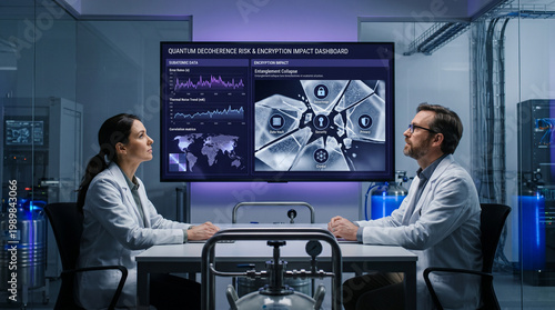 Cinematic shot of two physicists in white lab coats analyzing a quantum decoherence risk and encryption impact dashboard in a sterile, blue-lit quantum computing laboratory.