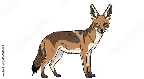Alert black-backed jackal standing, showcasing its distinctive black saddle marking and keen expression, illustrated on a white background.