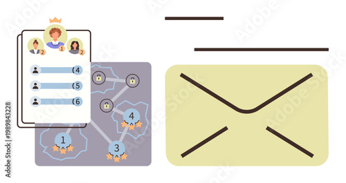 Gamification, user engagement, networking, communication systems, email usage, technology. Includes a leaderboard with user scores, network connections and an email icon. Gamification and user