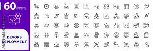 DevOps deployment icon collection. Featuring editable line symbols for automation, cloud infrastructure, and coding icons set. Vector stroke