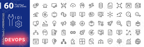 DevOps line icon collection. Software development, operate, agile workflows, deployment, operation, monitoring, collaboration, coding, and infrastructure icons. Editable vector stroke