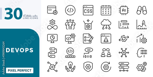 DevOps icons pack. Featuring editable vector line symbols for automation and software deployment icons set